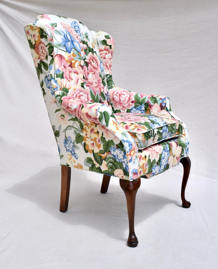 Queen Anne Small Scale Lee Industries Chintz Floral Wingback Chair For Sale