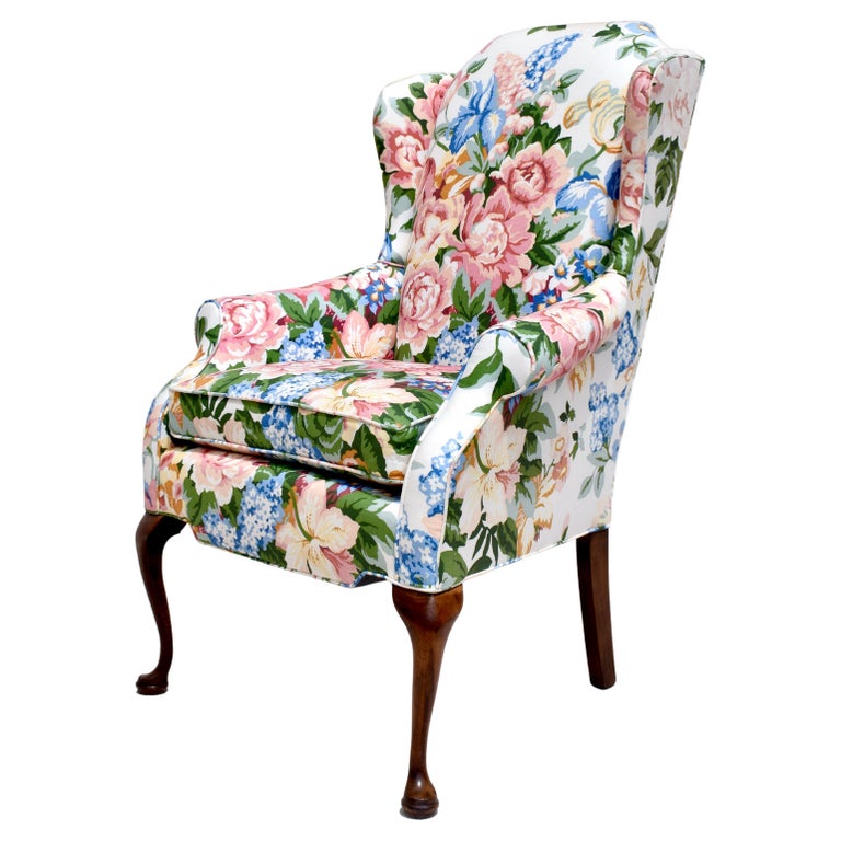 Small Scale Lee Industries Chintz Floral Wingback Chair For Sale