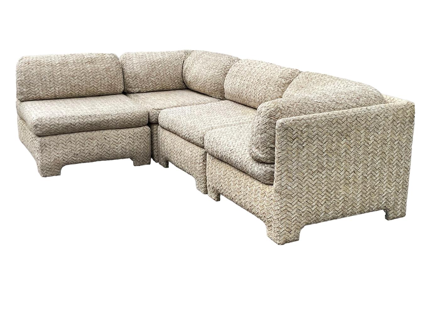 Late 20th Century Small Scale Mid Century Modern Boxy Modular Parsons Style L Shaped Sofa  For Sale