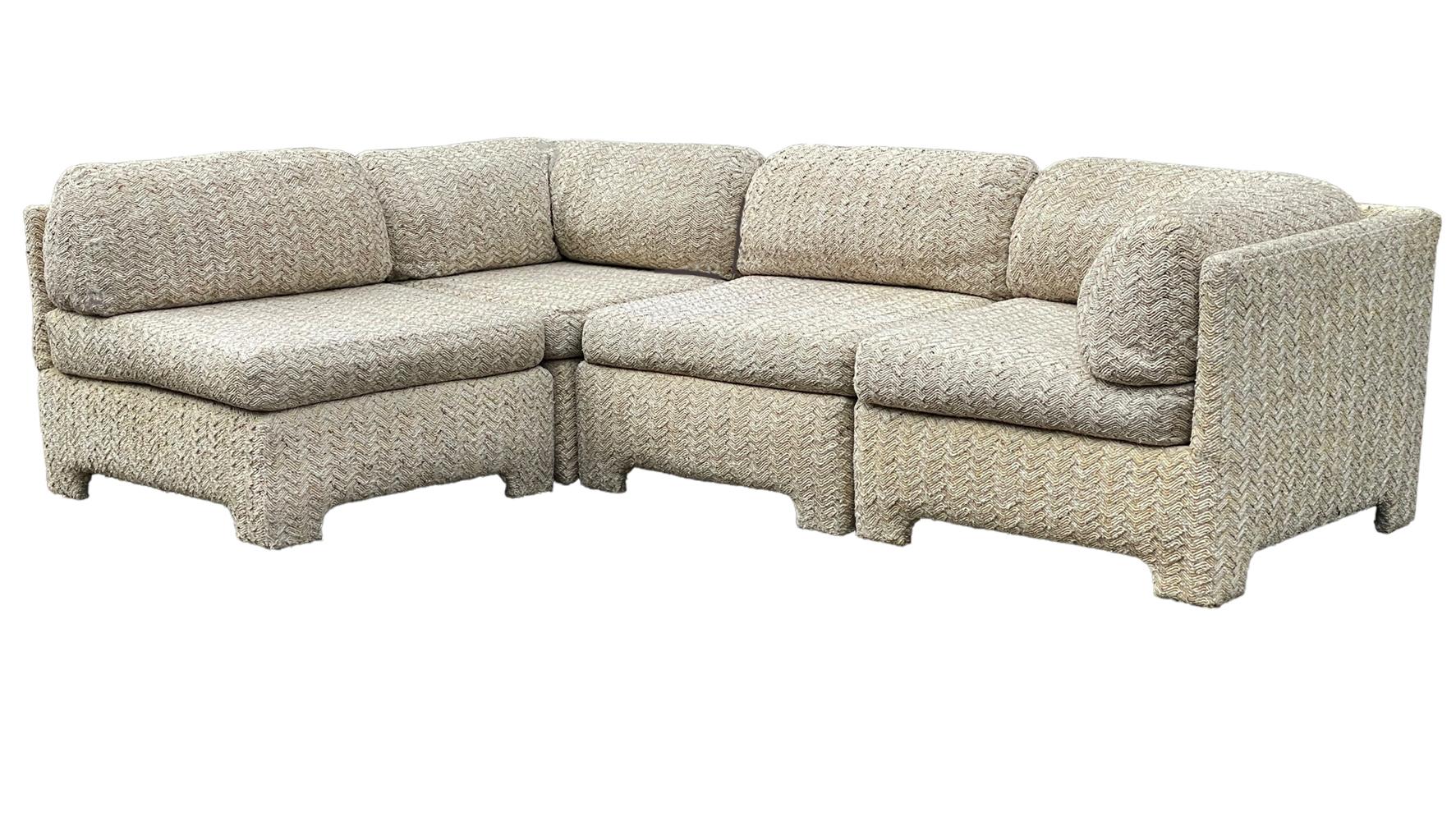 Fabric Small Scale Mid Century Modern Boxy Modular Parsons Style L Shaped Sofa  For Sale
