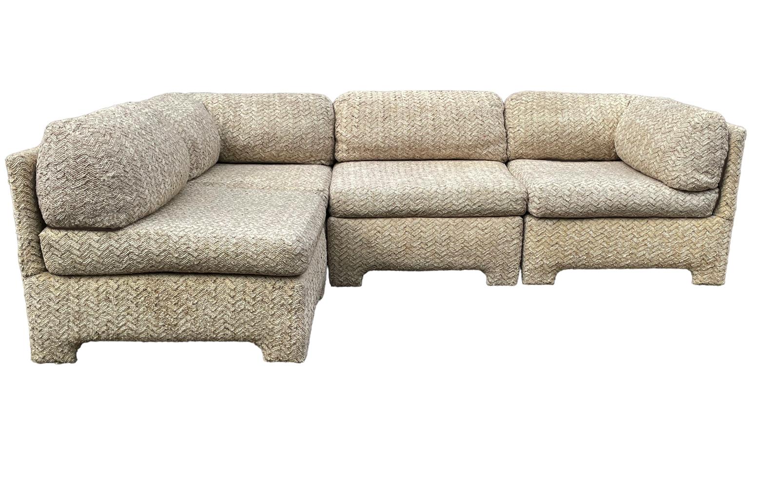 Small Scale Mid Century Modern Boxy Modular Parsons Style L Shaped Sofa  For Sale 1