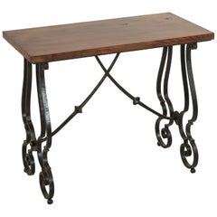 Vintage Small Scale Spanish Renaissance Style Hand Forged Iron Console Table, Oak Top