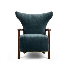 Small Scale Winged Club Chair Featuring Orange Dragon Print Silk and Blue Mohair