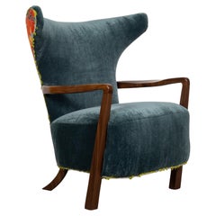 Small Scale Winged Club Chair Featuring Orange Dragon Print Silk and Blue Mohair
