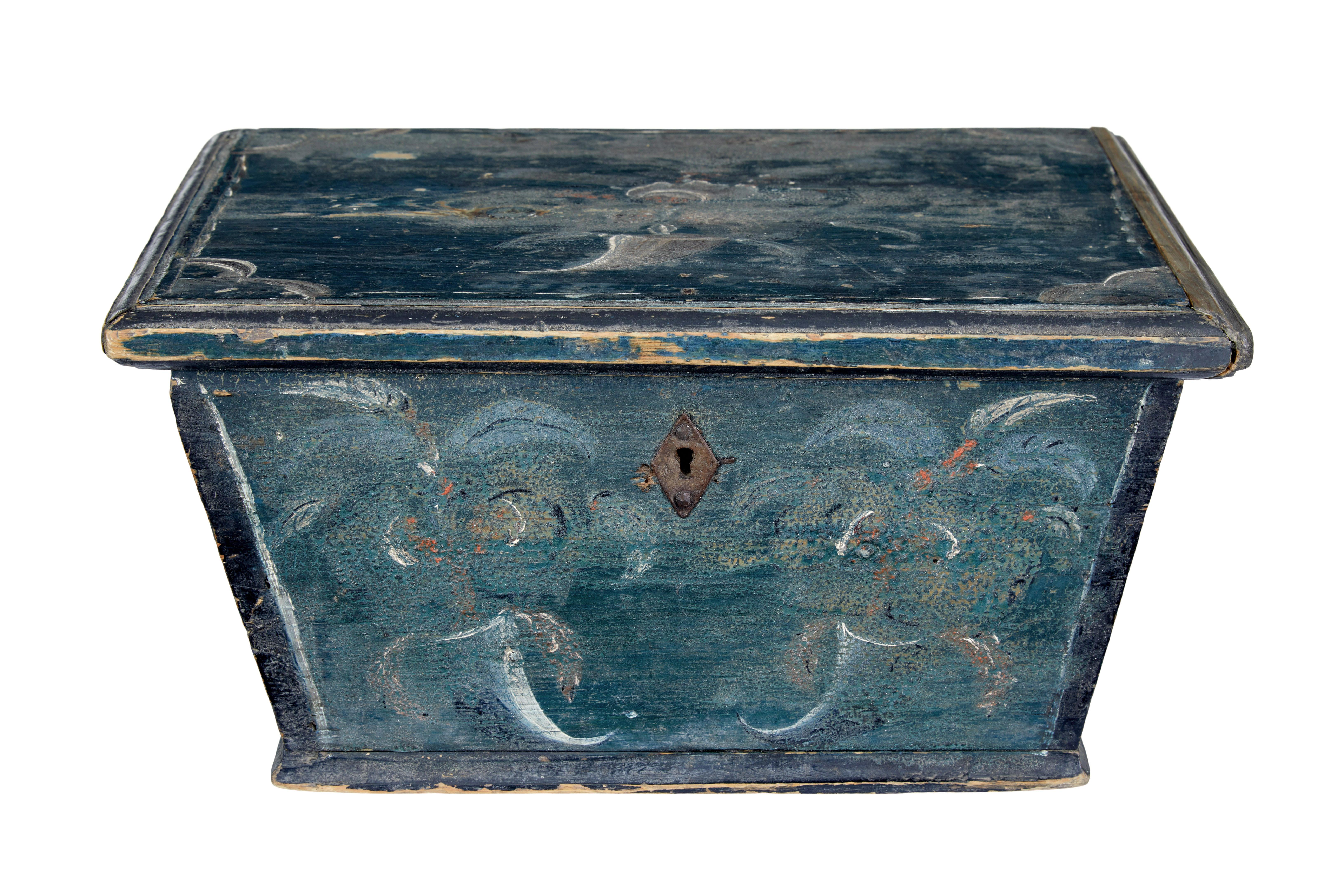Small 19th century original painted sarcophagus box circa 1870.

Beautiful decorative box with original paint.   Sarcophagus shaped lidded box in original paint with traces of original hand painted floral decoration to each side.

Lid opens to