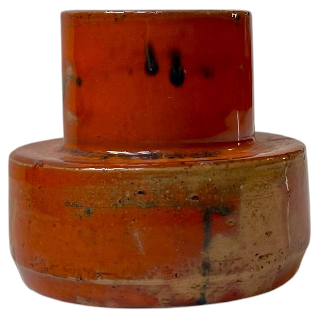 Small Scandinavian Brutalist Stoneware Vase w. Orange High Fire Glaze