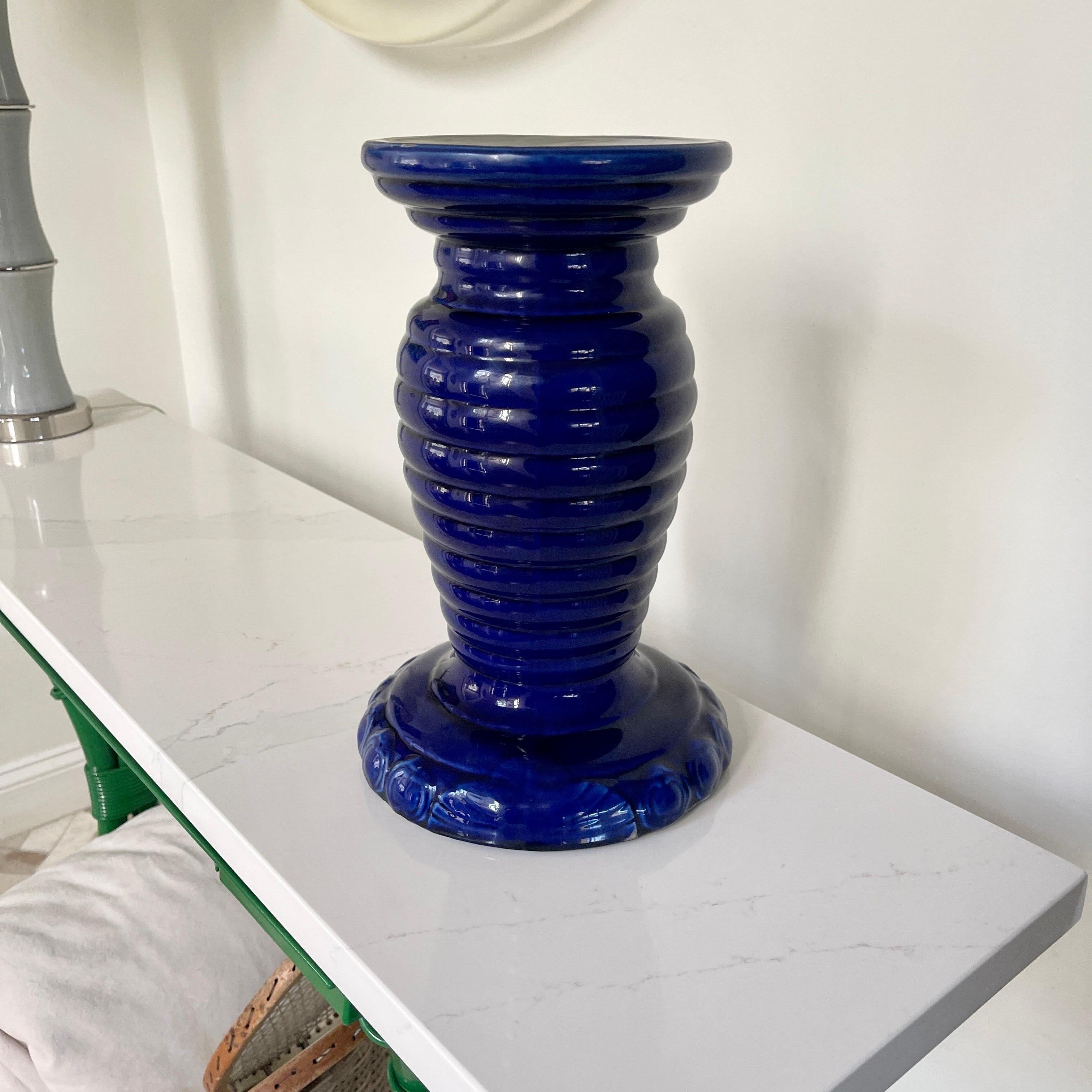 Small Scandinavian Cobalt Blue Glazed Ceramic Pedestal For Sale 8