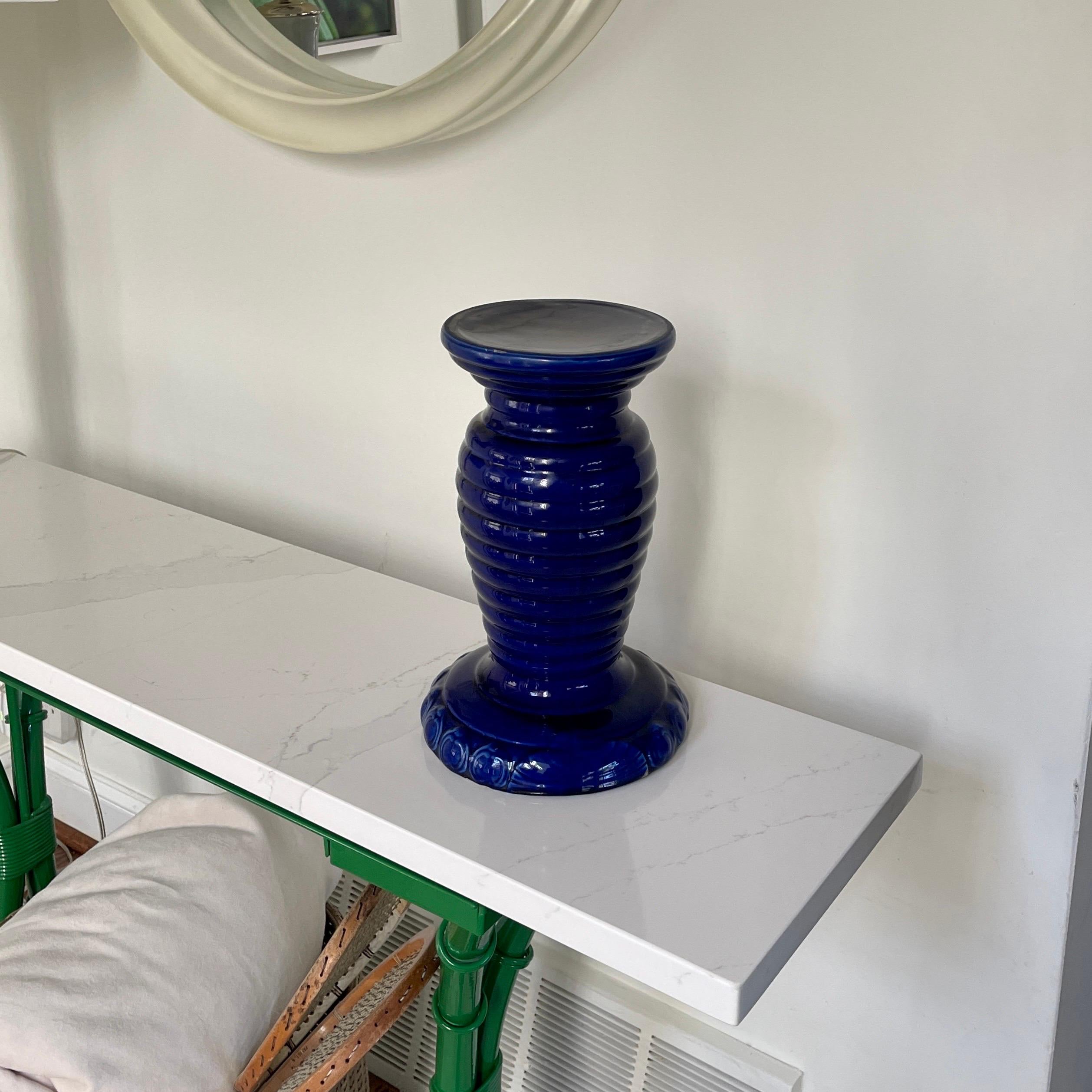 Small Scandinavian Cobalt Blue Glazed Ceramic Pedestal For Sale 9