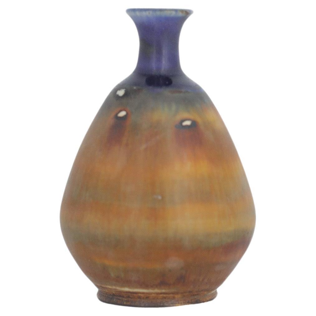 Small Scandinavian Modern Collectible Blue&Brown Stoneware Vase by Gunnar Borg For Sale