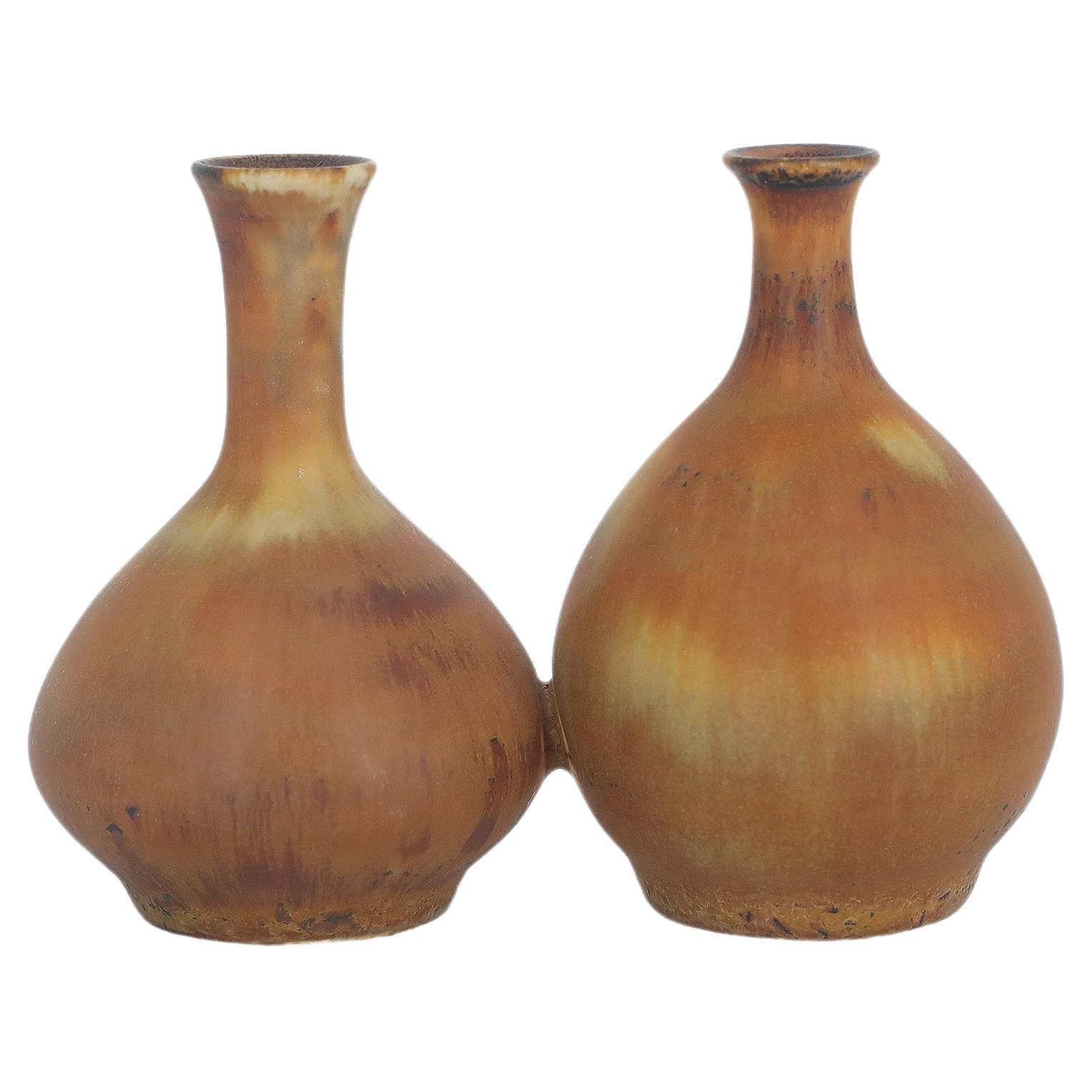 Small Scandinavian Modern Collectible Double Brown Stoneware Vase by Gunnar Borg For Sale