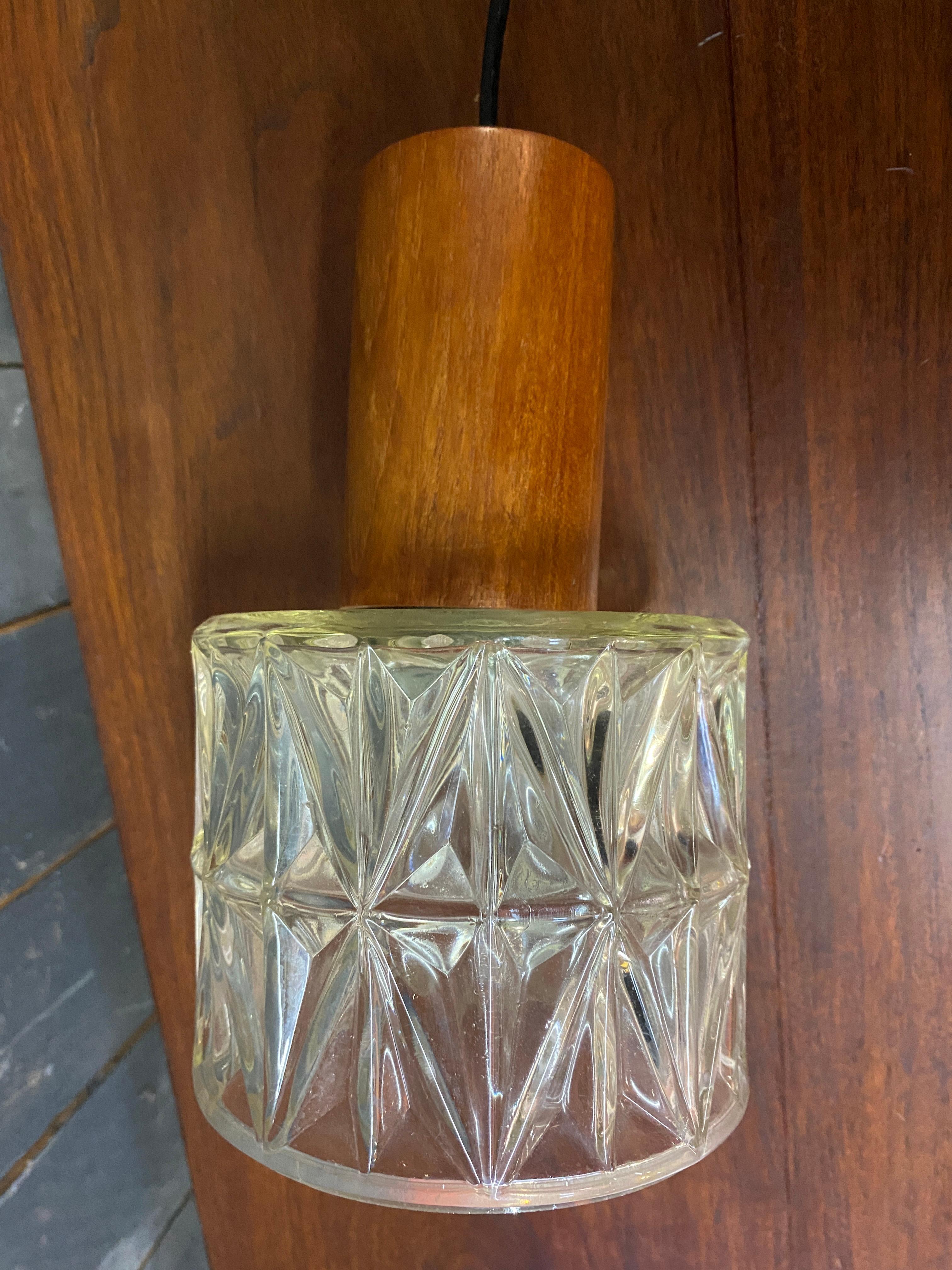 Glass small Scandinavian style lantern, circa 1960 teak and molded glass For Sale