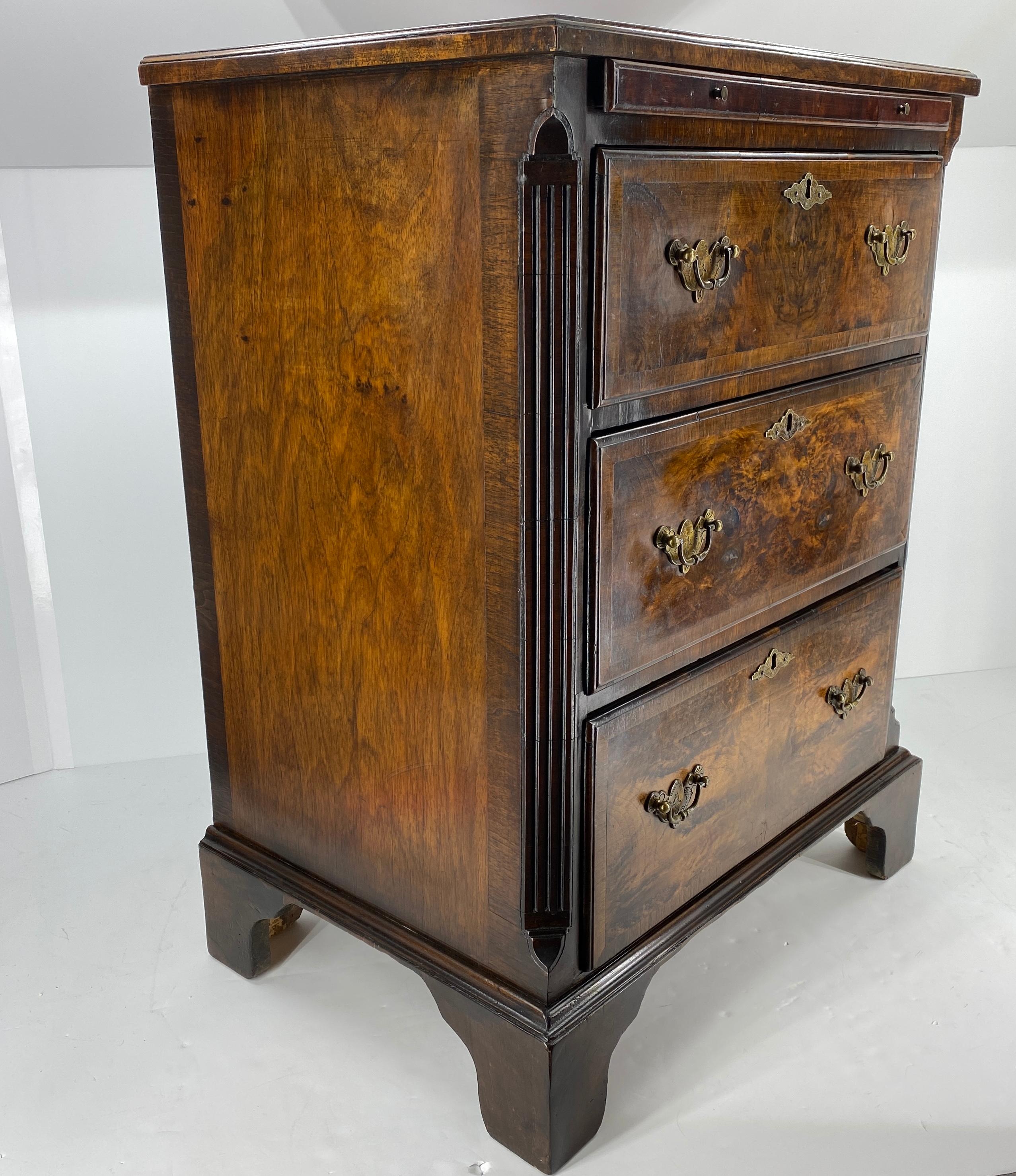 Danish Small Scandinavian Walnut and Mahogany Chest of Drawers with Brass Hardware