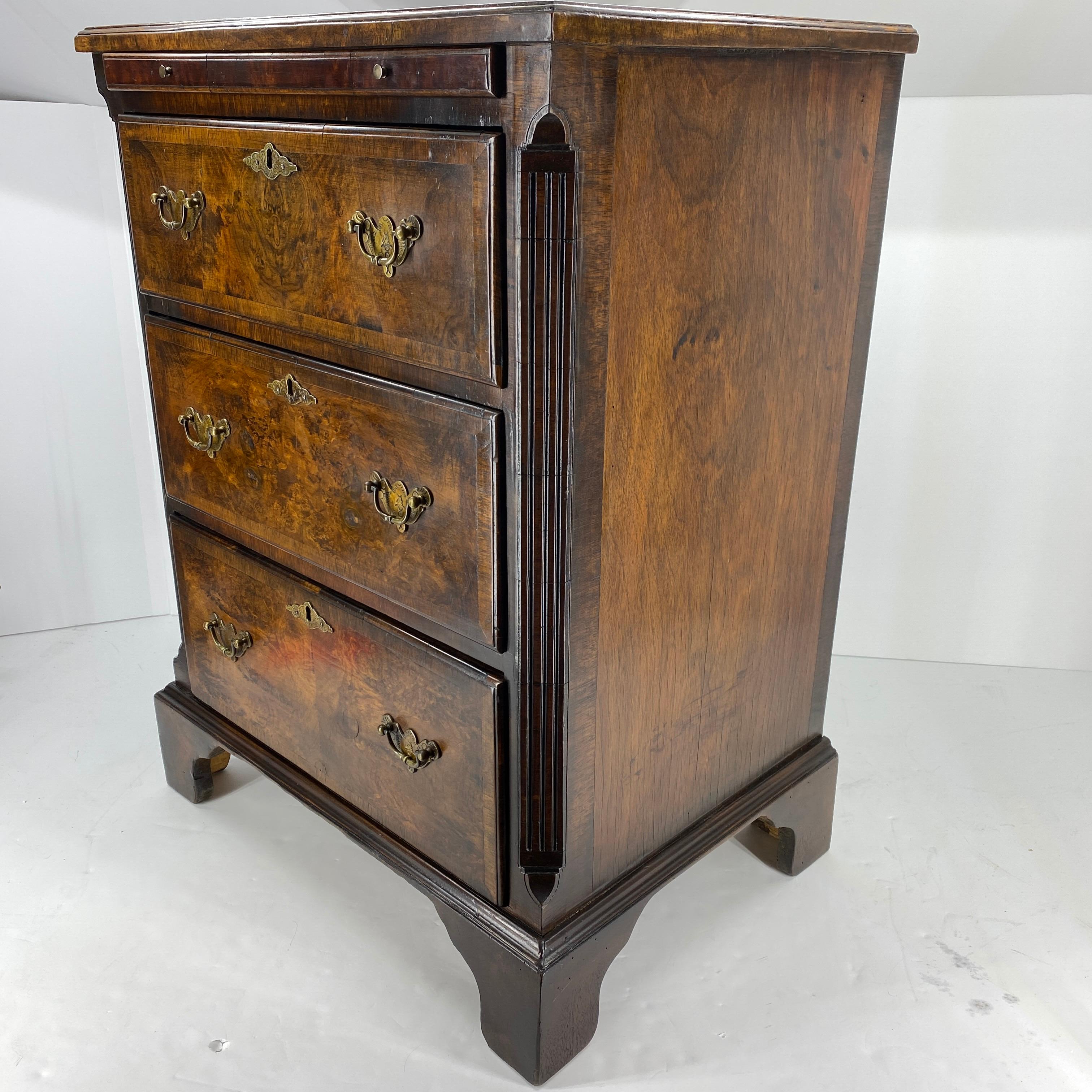 Hand-Crafted Small Scandinavian Walnut and Mahogany Chest of Drawers with Brass Hardware