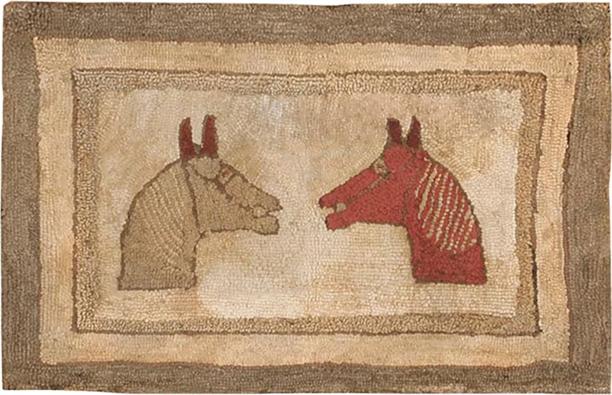 Small Scatter Size Antique Horse Design American Hooked Folk Art Rug 1'11