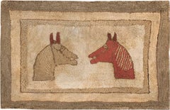 Small Scatter Size Antique Horse Design American Hooked Folk Art Rug 1'11" x 3'