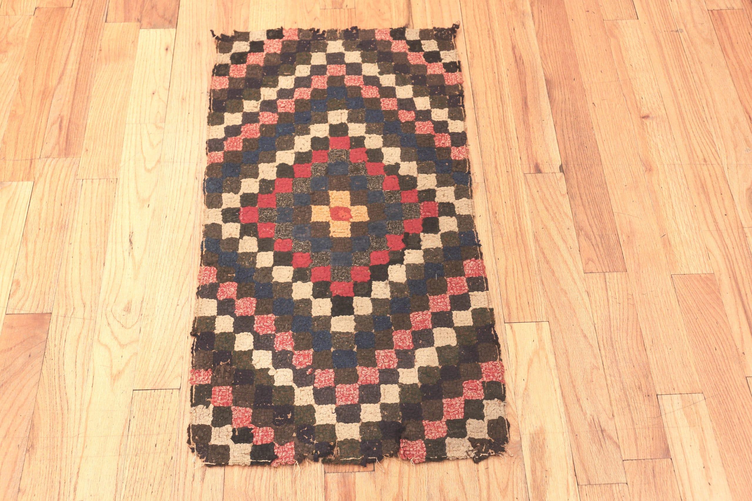 Small Scatter Size Bold Geometric Pattern Antique American Hooked Rug, country of origin: American, Circa date: Antique 