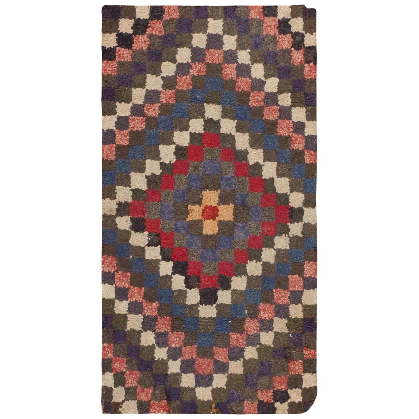 Tappeto con ganci antichi americani di dimensioni ridotte e geometriche, 1'9" x 3'3".