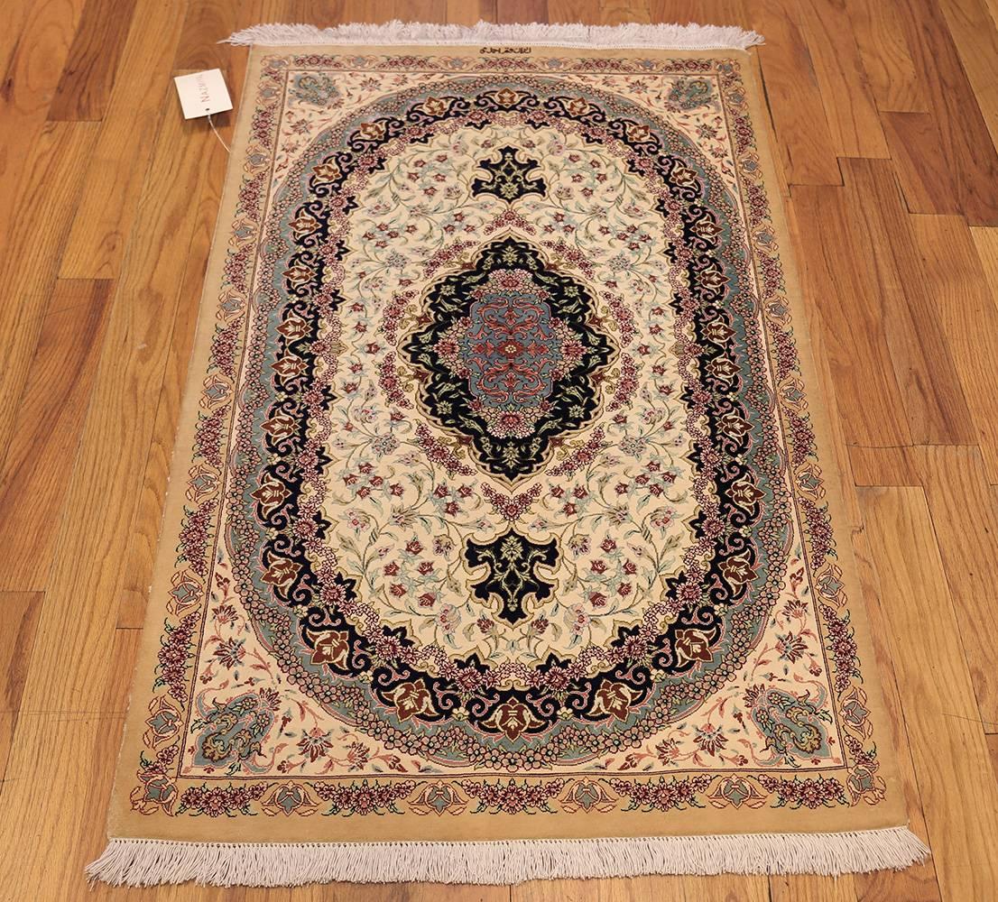 Hand-Knotted Persian Silk Qum Rug. Size: 2 ft 7 in x 4 ft  For Sale