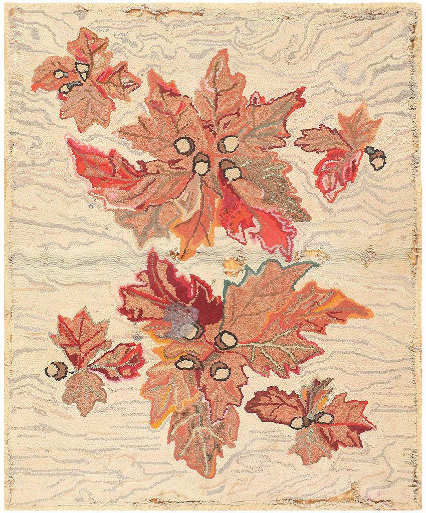 Hand-Knotted Small Scatter Size Maple Leaf Design Antique Hooked Rug 4' x 5' For Sale