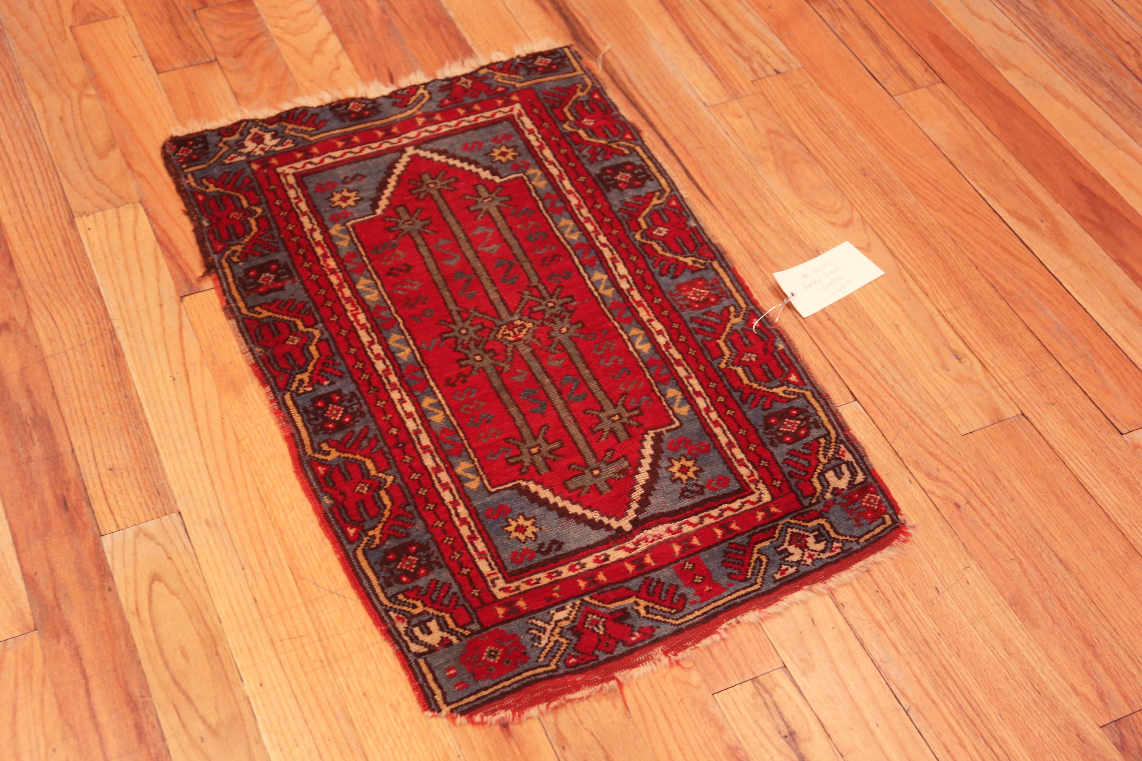 Lovely Small Scatter Size Red Blue Tribal Geometric Antique Turkish Yastic Rug, Country of origin: Turkish Rugs, Circa date: 1900