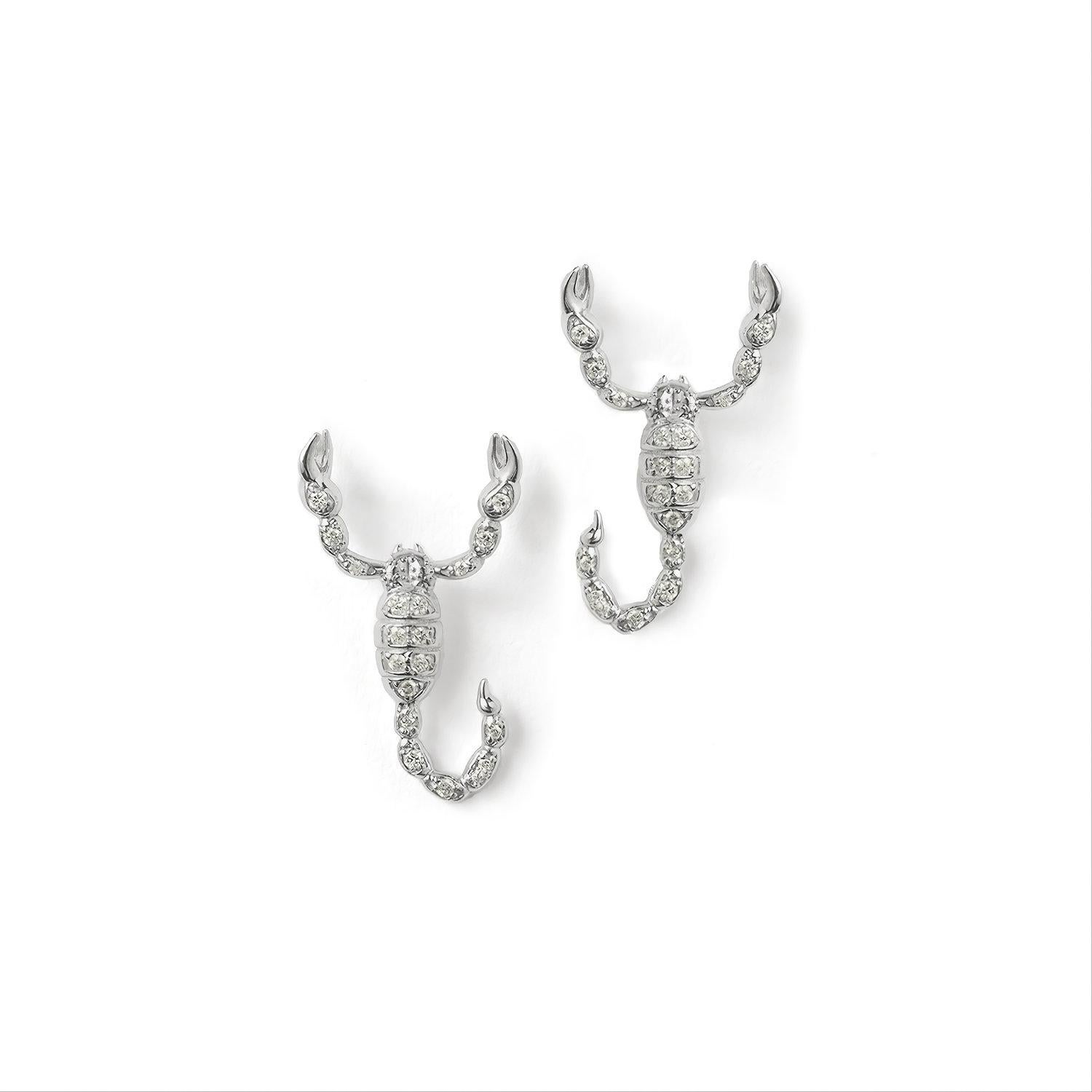 Artist JHERWITT Diamond 14k White Gold Small Scorpion Stud Earrings  For Sale