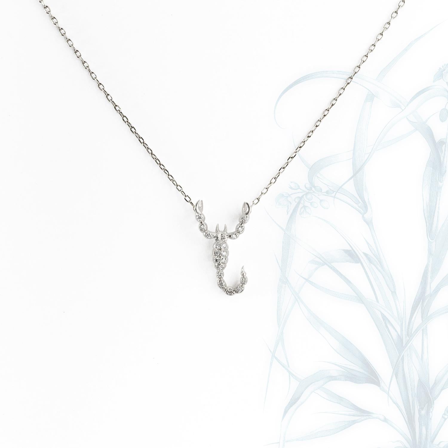 Brilliant Cut JHERWITT Diamond 14k White Gold Small Scorpion Pendant Necklace   For Sale