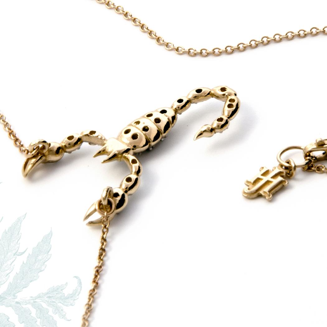 Artist JHERWITT Diamond 14k Yellow Gold Small Scorpion Pendant Necklace  For Sale
