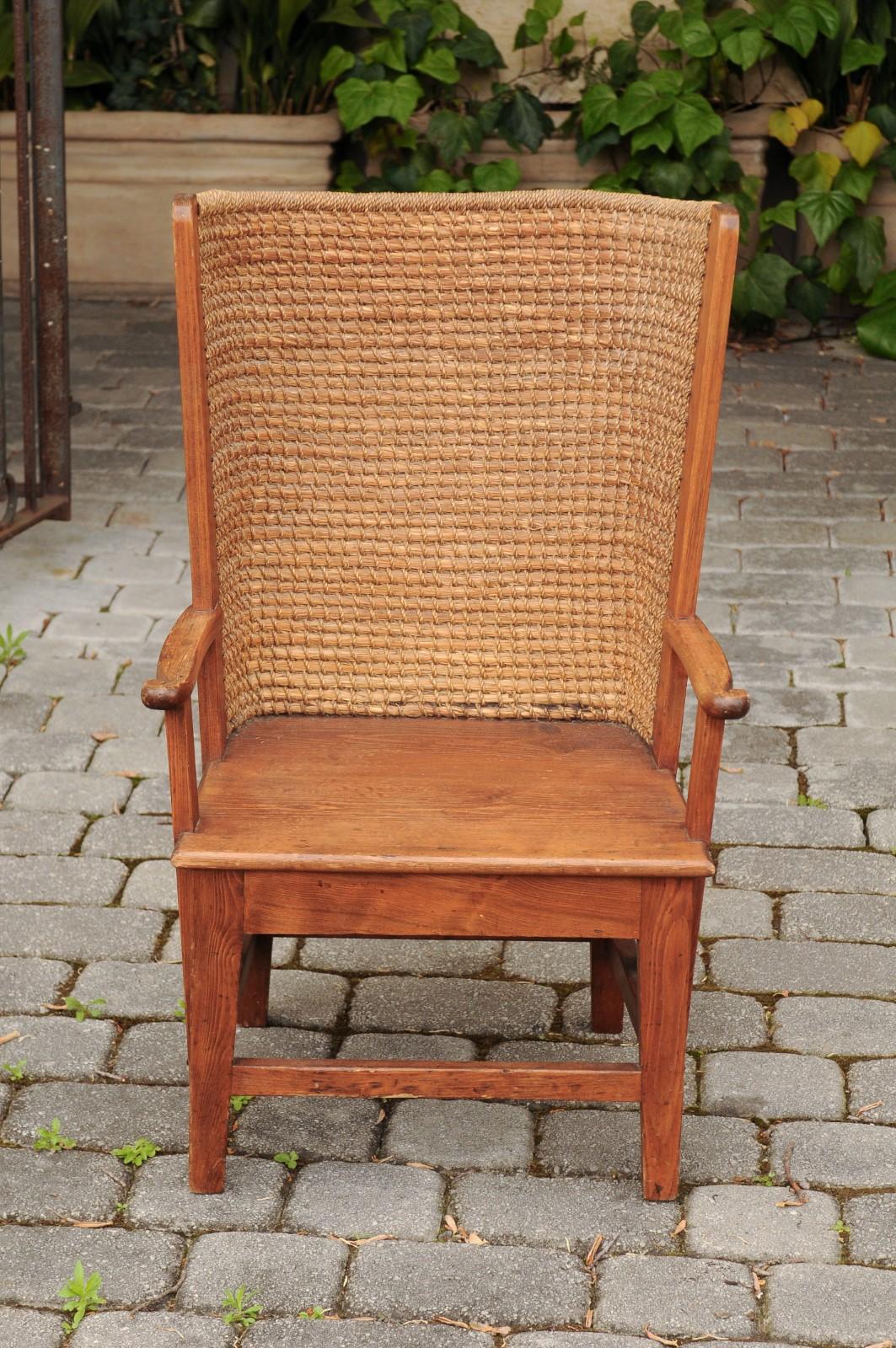 Small Scottish Orkney Wingback Chair with Handwoven Straw Back, circa 1900 For Sale 4