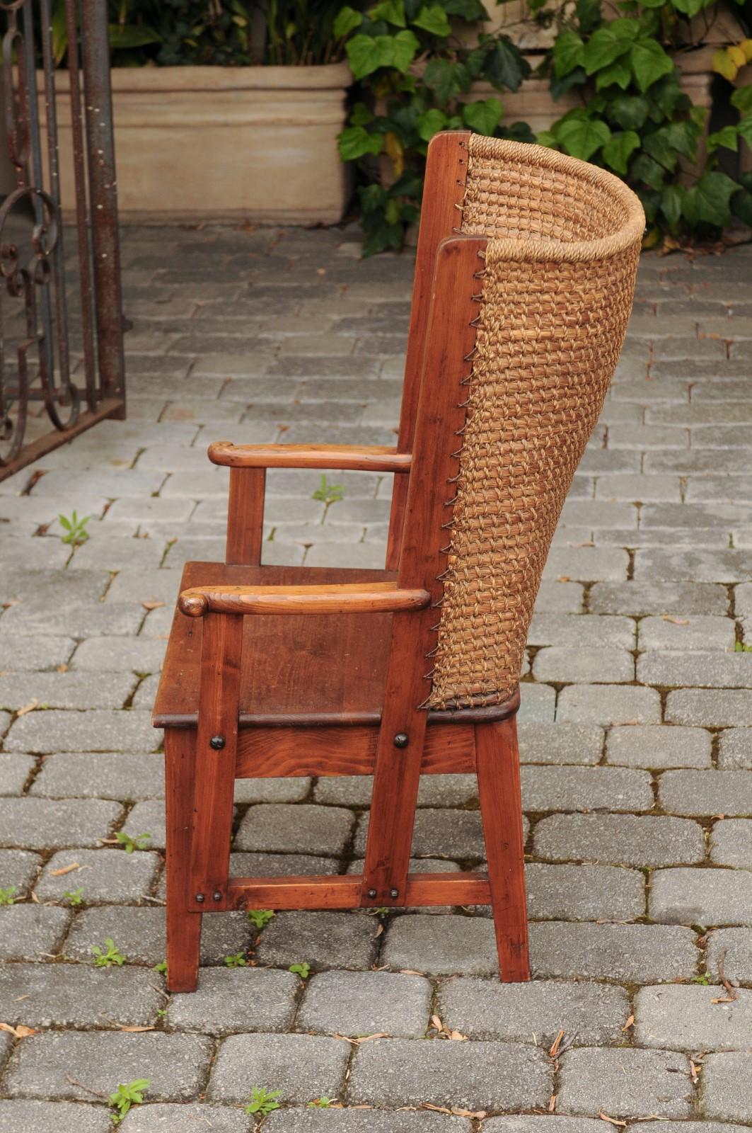 Rustic Small Scottish Orkney Wingback Chair with Handwoven Straw Back, circa 1900 For Sale