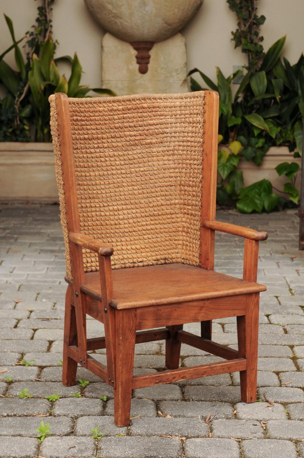 20th Century Small Scottish Orkney Wingback Chair with Handwoven Straw Back, circa 1900 For Sale