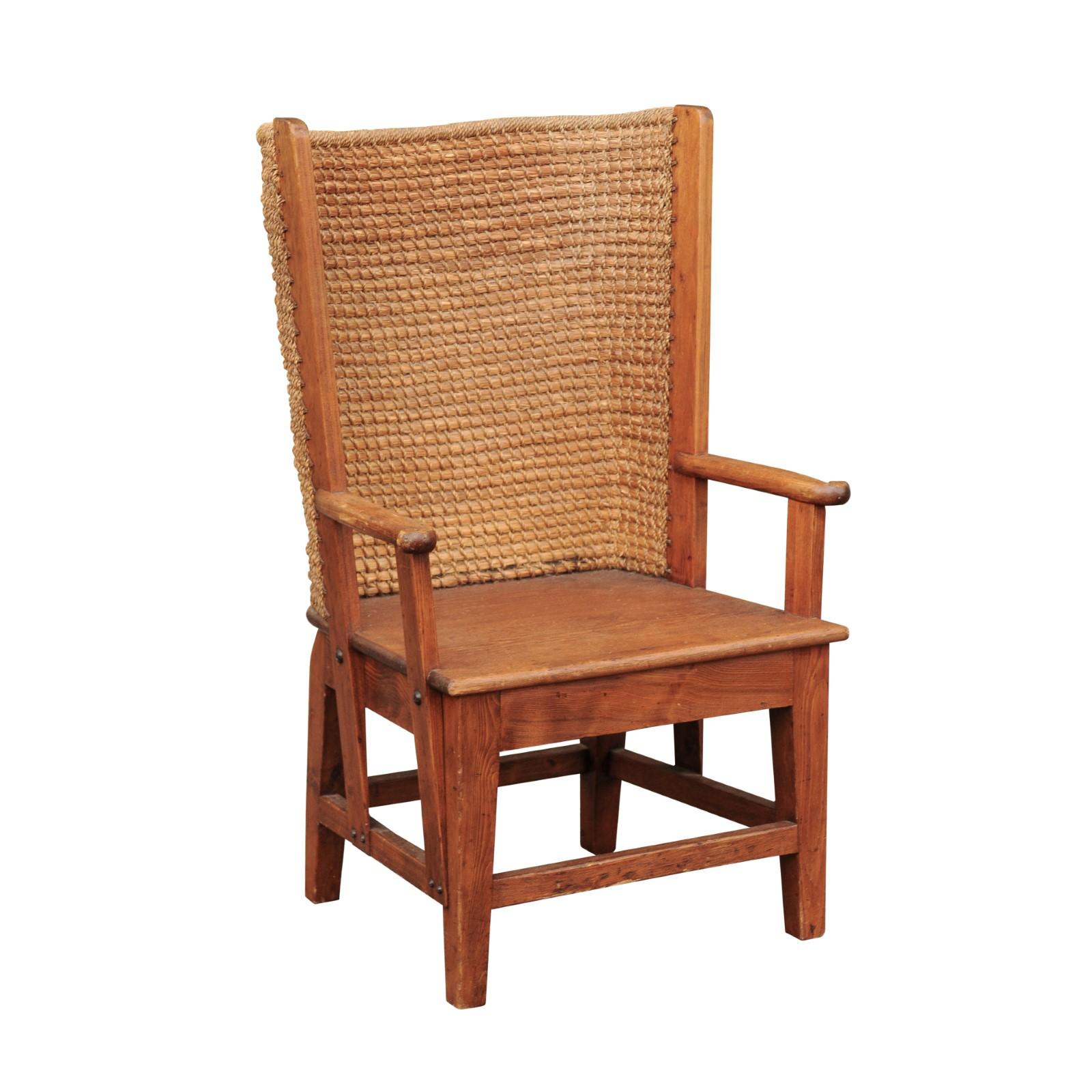 Small Scottish Orkney Wingback Chair with Handwoven Straw Back, circa 1900 For Sale