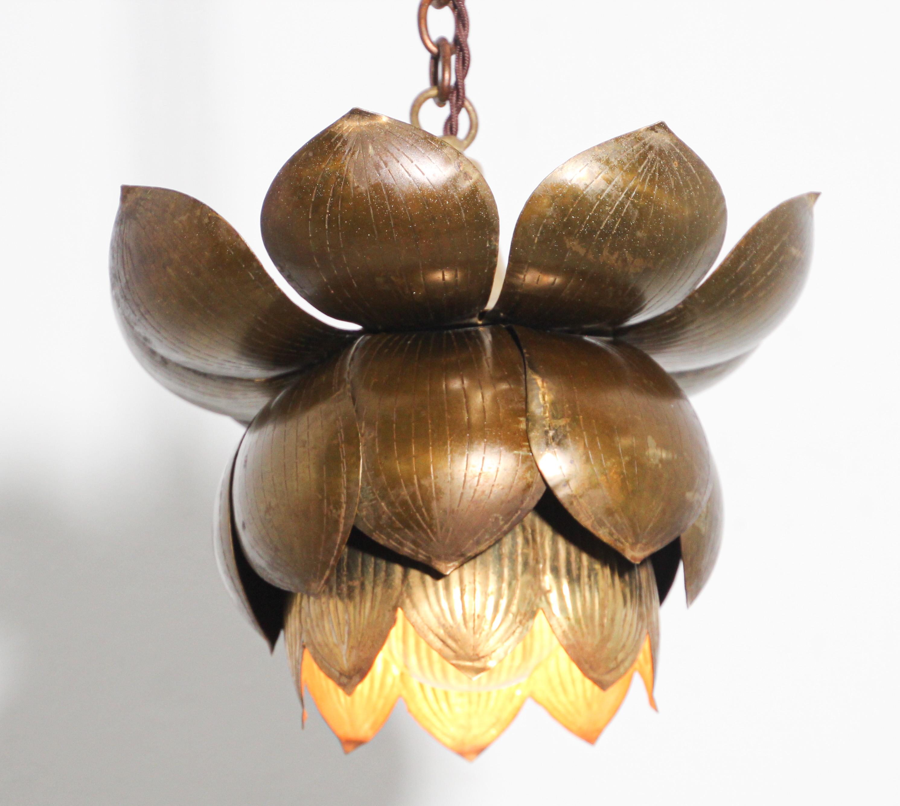 Hollywood Regency Small Sculptural Brass Lotus Pendant Light by Feldman Lighting Co