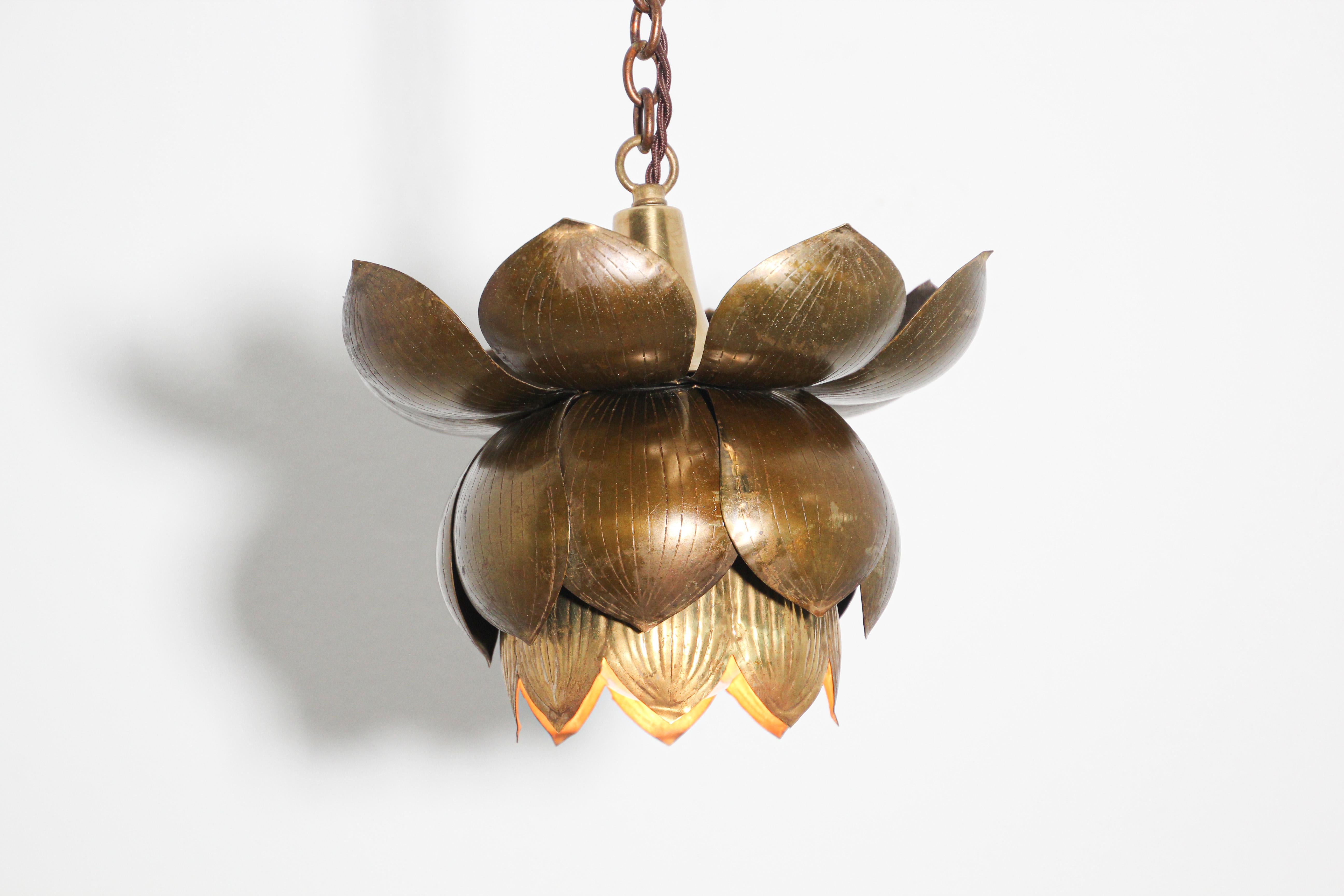 American Small Sculptural Brass Lotus Pendant Light by Feldman Lighting Co