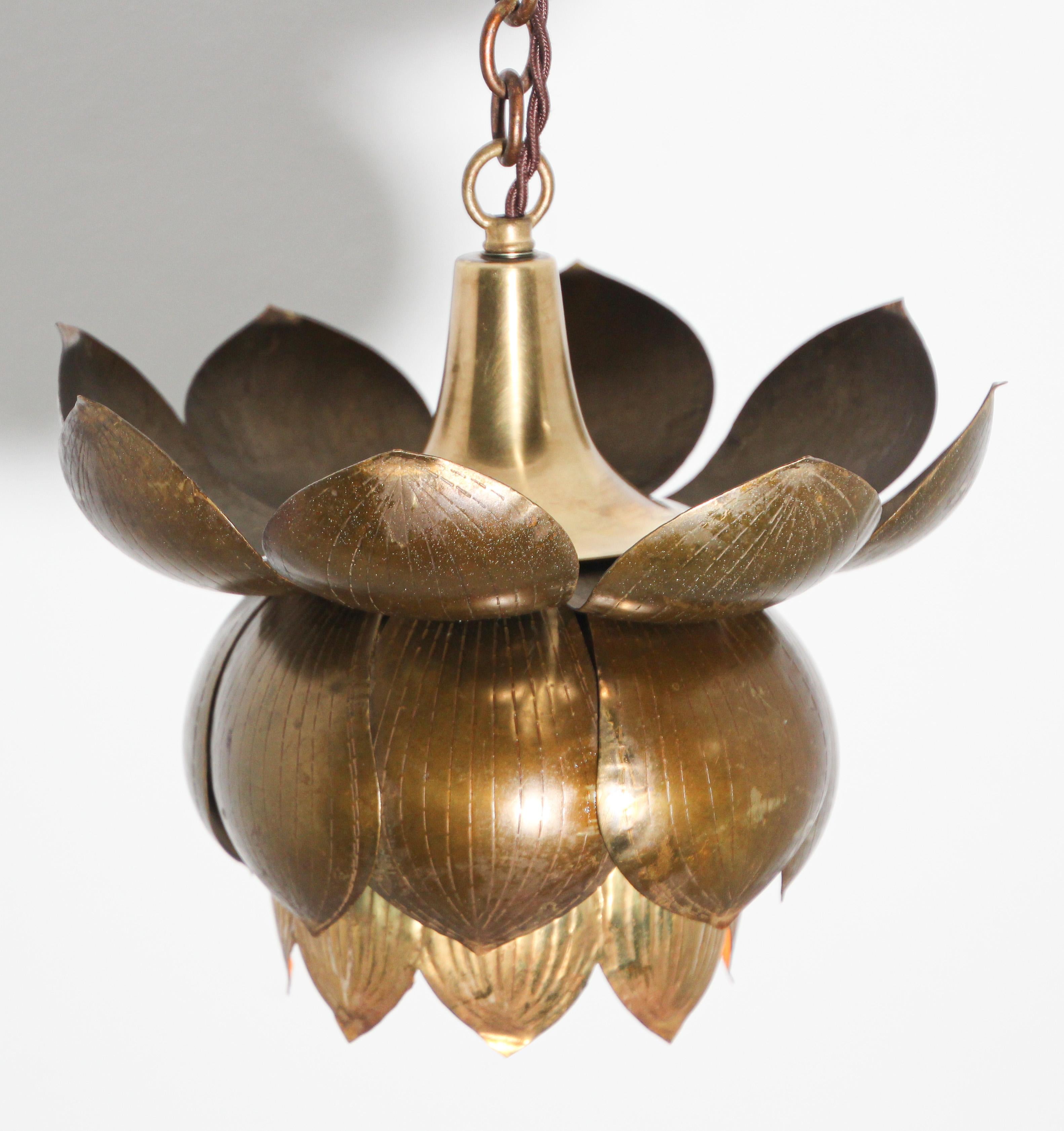 Hammered Small Sculptural Brass Lotus Pendant Light by Feldman Lighting Co