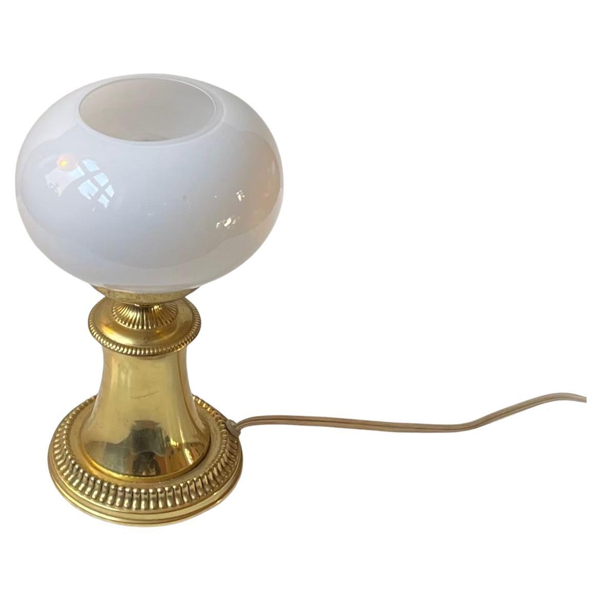 Small Sculptural Scandinavian Table Lamp in Brass 
White Opaline Glass, 1960s For Sale