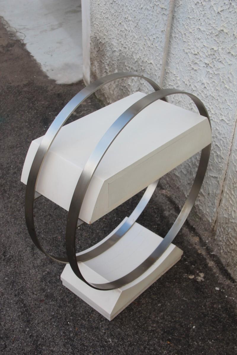Small Sculpture Console with Mirror in White Lacquered Wood and Satin Steel For Sale 6