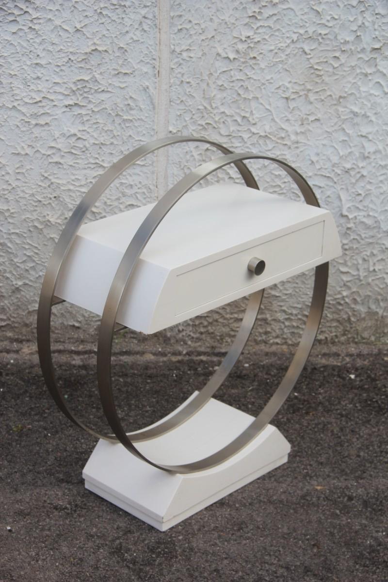 Small Sculpture Console with Mirror in White Lacquered Wood and Satin Steel For Sale 7