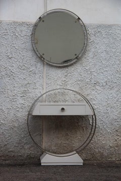 Small Sculpture Console with Mirror in White Lacquered Wood and Satin Steel