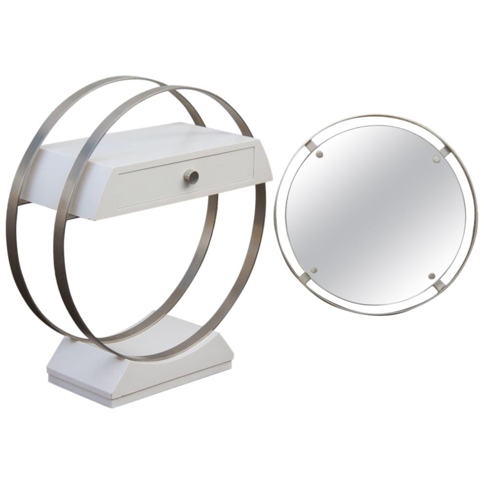 Small Sculpture Console with Mirror in White Lacquered Wood and Satin Steel For Sale