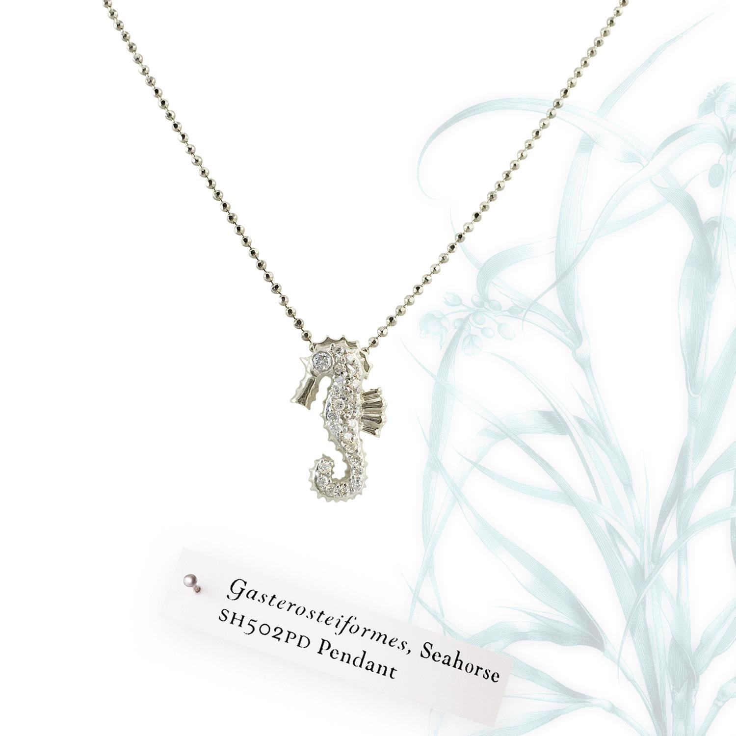 Brilliant Cut JHERWITT Diamonds 14k White Gold Small Seahorse Pendant Necklace  For Sale