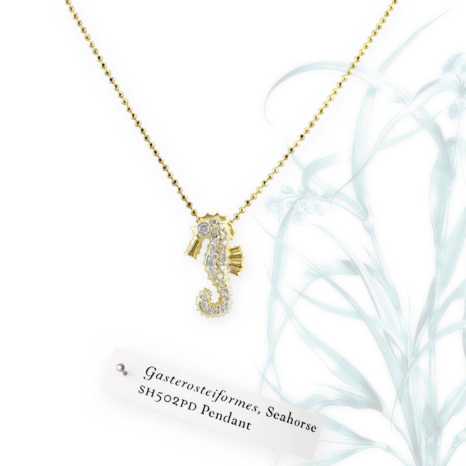 Brilliant Cut JHERWITT Diamond 14k Yellow Gold Small Seahorse Pendant Necklace For Sale