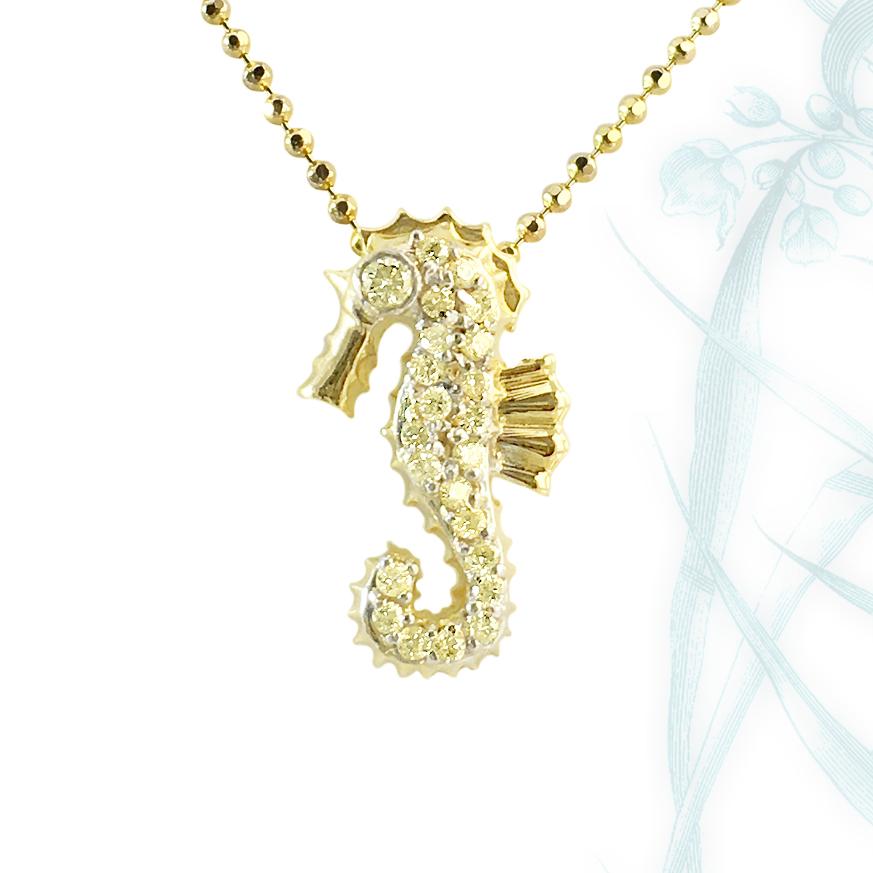 Artist JHERWITT Yellow Diamond in Yellow Gold Small Seahorse Pendant Necklace For Sale