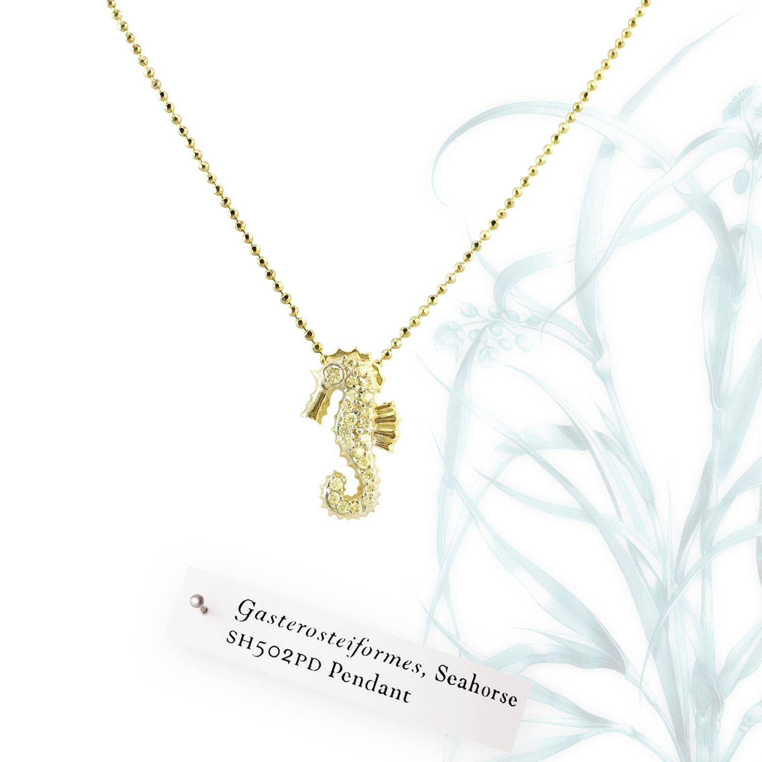 Brilliant Cut JHERWITT Yellow Diamond in Yellow Gold Small Seahorse Pendant Necklace For Sale
