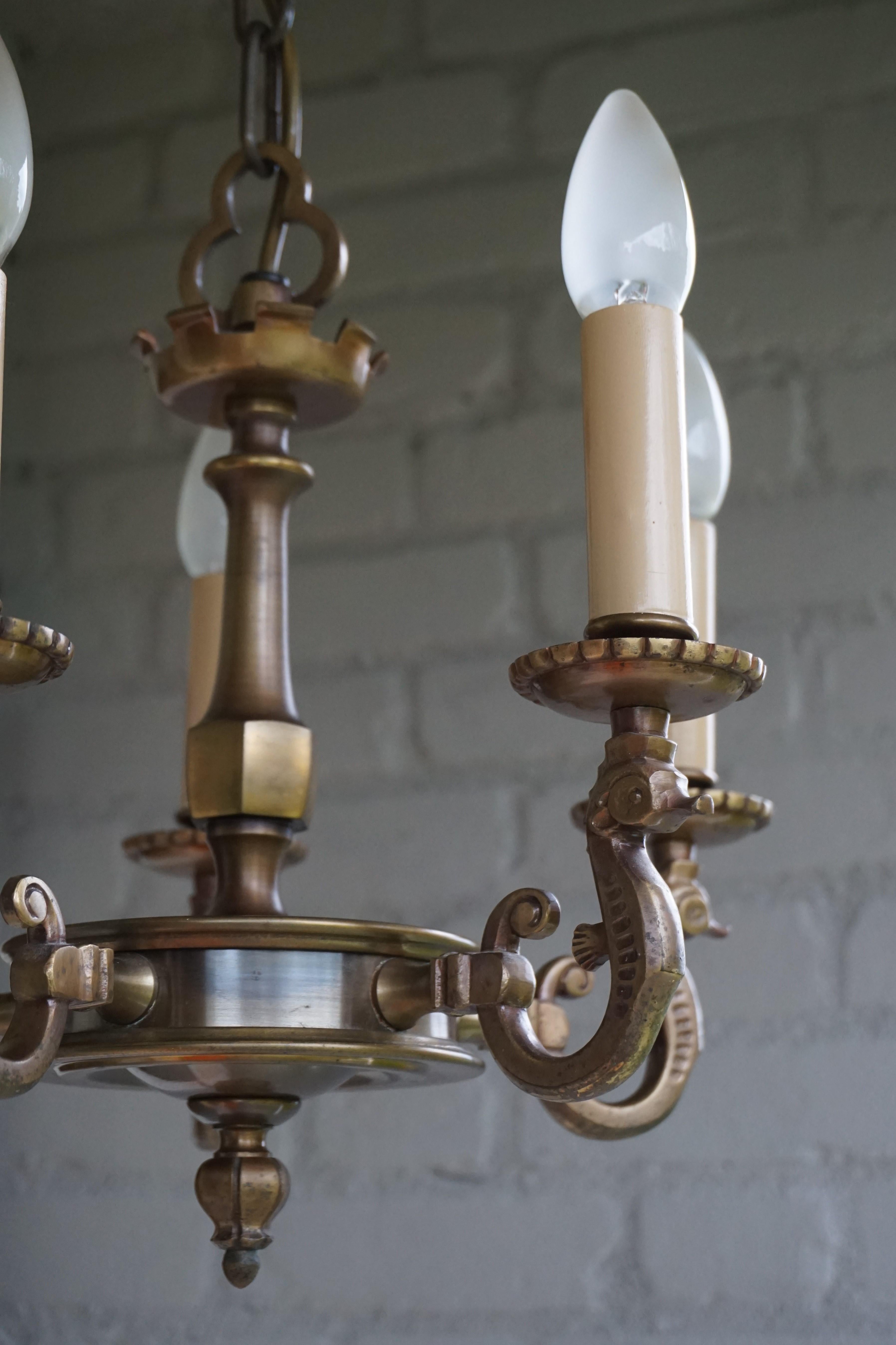 20th Century Small Semi 5-Light Pendant with Bronze Seahorse Sculptures and Gothic Stem For Sale