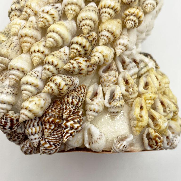 A small shell encrusted owl created by hand from seashells. This piece depicts a bird, sitting upon a perch, with small eyes and plumage decorated from different color seashells. 

The bottom is lined in pink felt, with a sticker that says, 