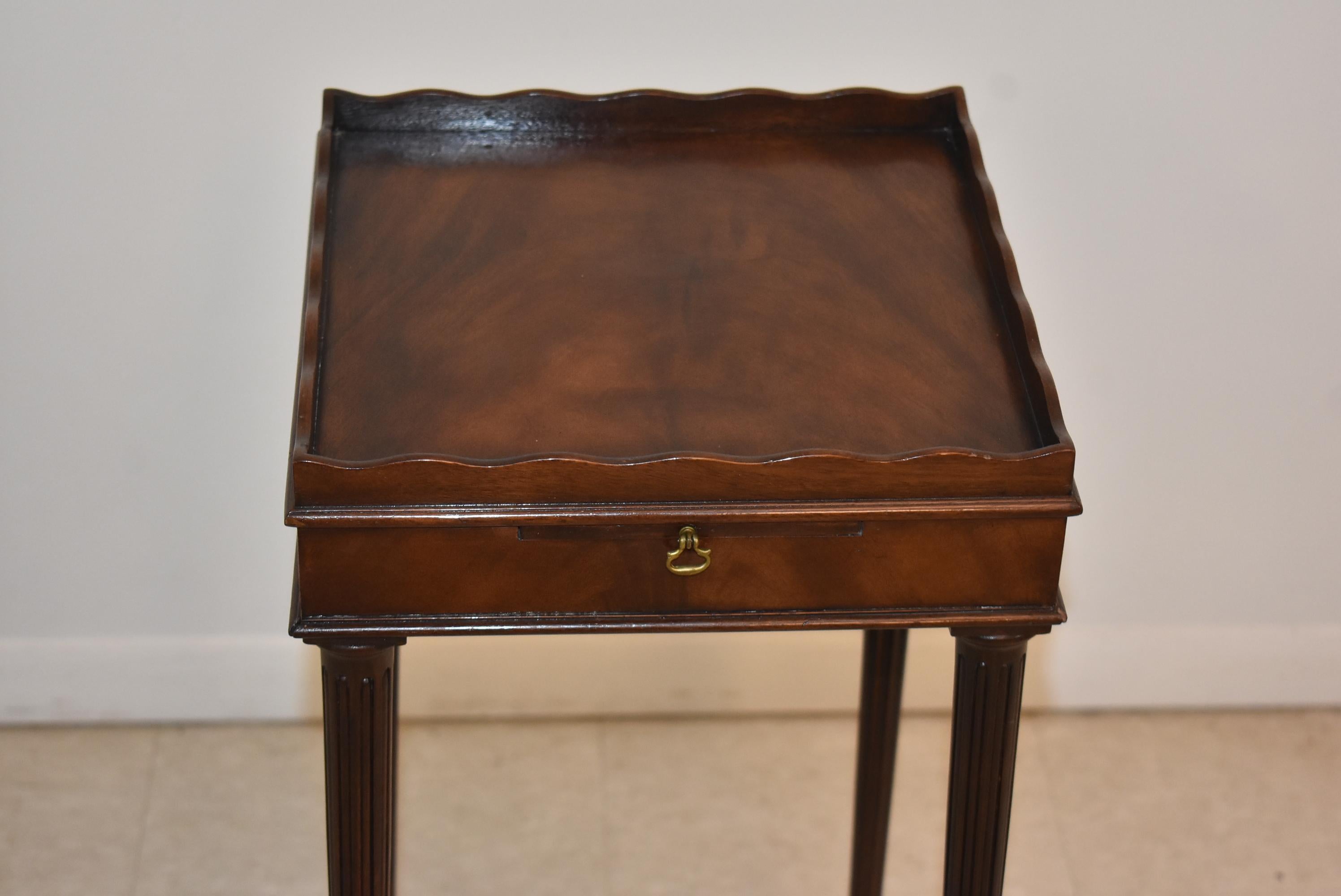 Small Sheraton style chair side stand with pullout / pull-out shelf by Baker Stately Homes. Flamed mahogany top with brass casters. Measures: 11.5