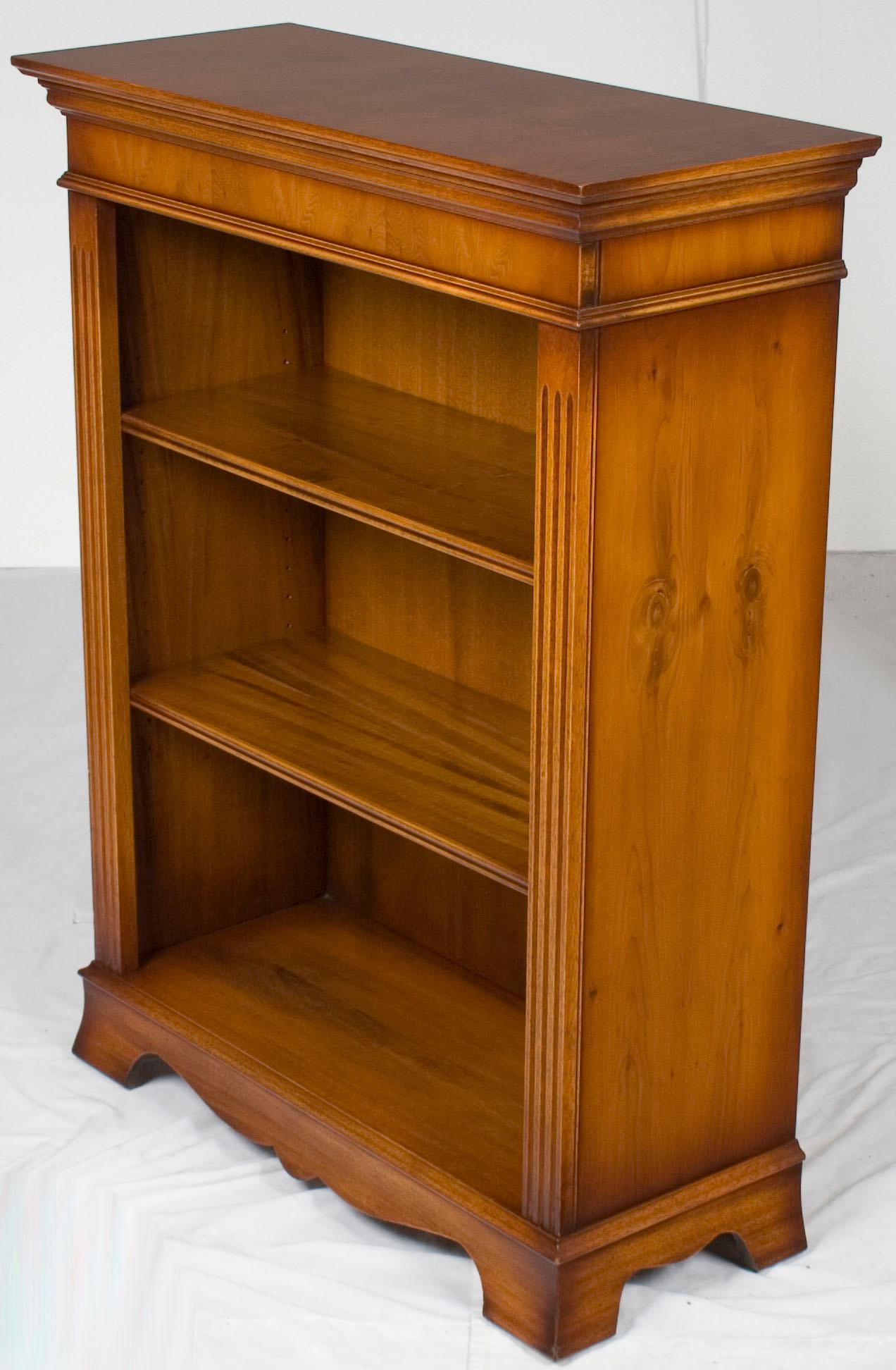 English Small Short Open Yew Wood Adjustable Bookcase Bookshelf