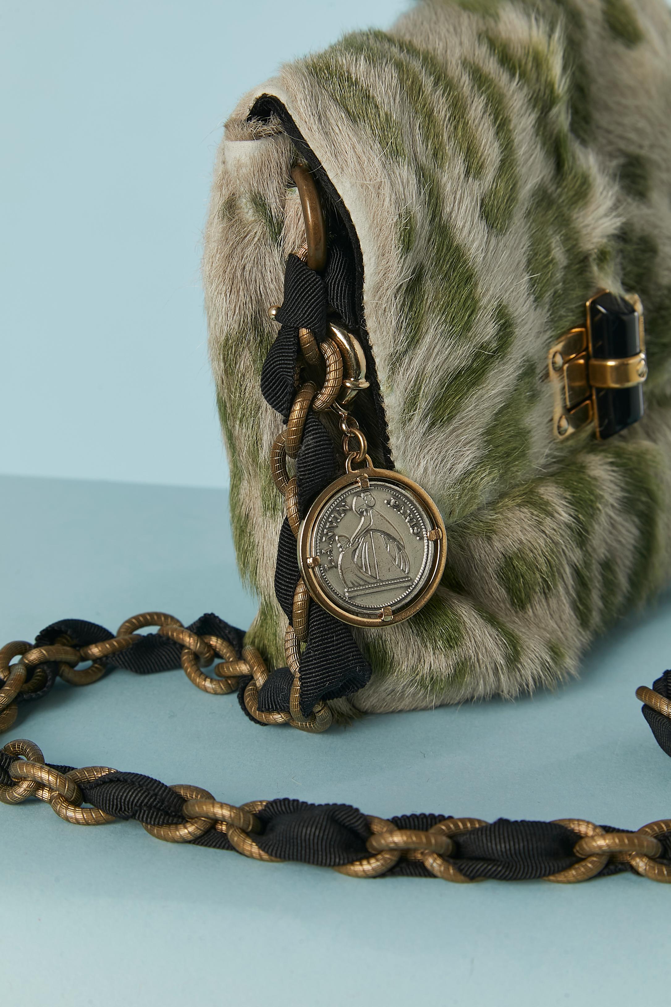 Gray Small shoulder bag in printed furs and chain & gros-grain shoulder strap Lanvin
