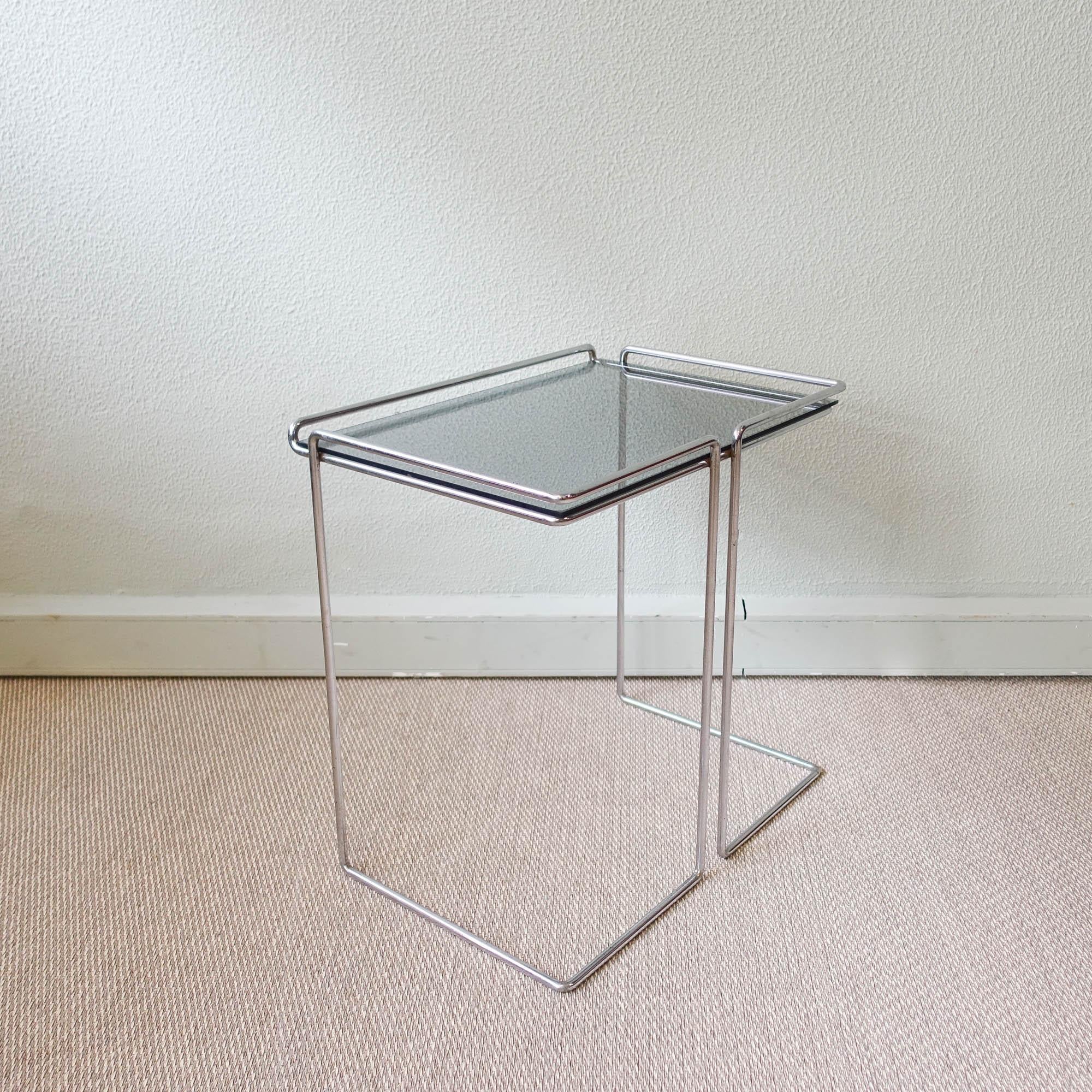 Mid-Century Modern Small Side Table in Chromed Metal and Smoked Glass, 1970's