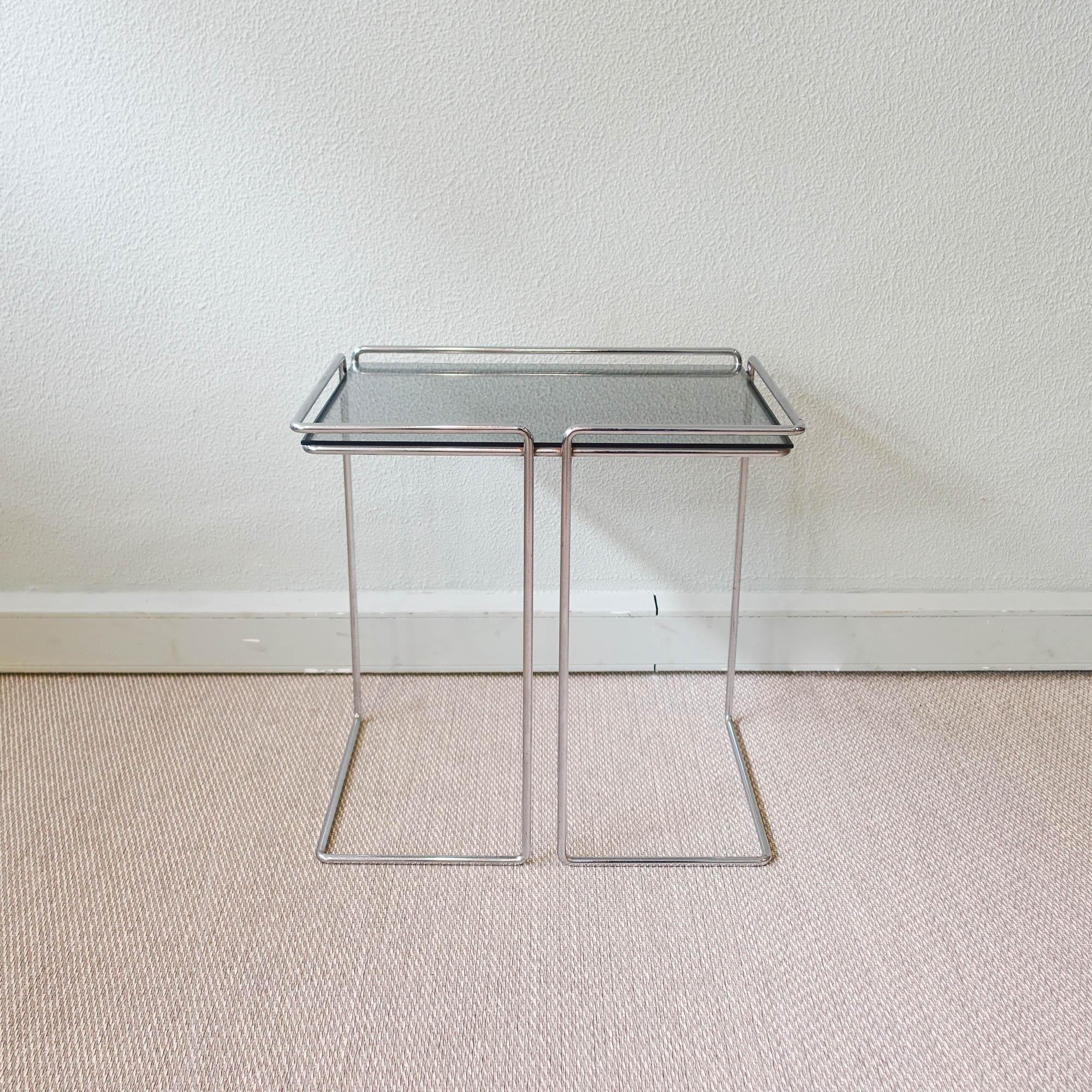 French Small Side Table in Chromed Metal and Smoked Glass, 1970's